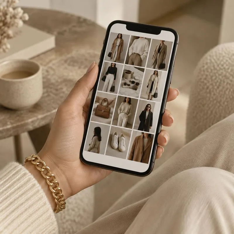 Hand holding a phone with outfit photos